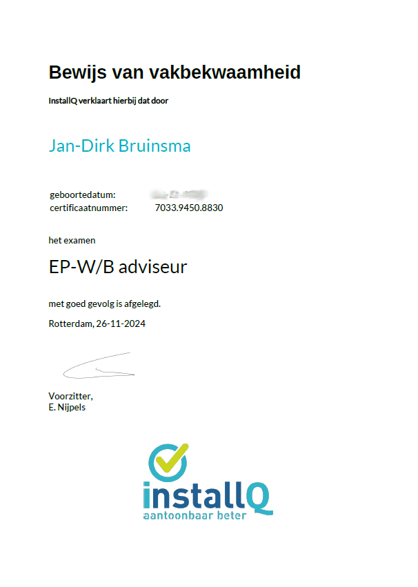 Certificaat vakbekwaamheid energie prestatieadviseur